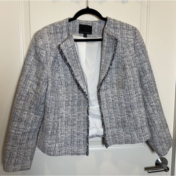 Banana Republic Womens Tweed Blazer Size 14 Blue & White Textured Frayed Edge - Picture 1 of 7